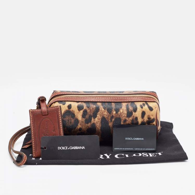 Pre Owned Dolce & Gabbana Brown Leopard Print Coated Canvas and Leather Wristlet Pouch