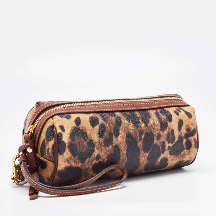 Pre Owned Dolce & Gabbana Brown Leopard Print Coated Canvas and Leather Wristlet Pouch