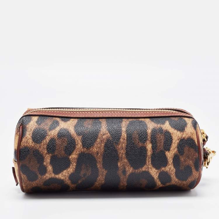 Pre Owned Dolce & Gabbana Brown Leopard Print Coated Canvas and Leather Wristlet Pouch