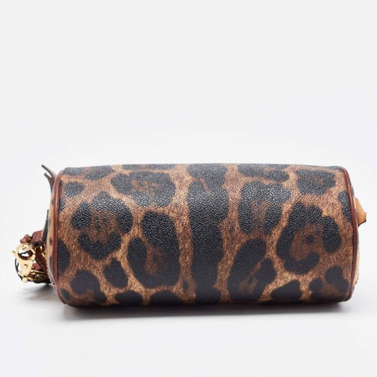 Pre Owned Dolce & Gabbana Brown Leopard Print Coated Canvas and Leather Wristlet Pouch