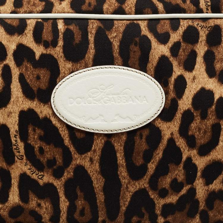 Pre Owned Dolce & Gabbana White/Brown Leopard Print Fabric and Leather Cosmetic Pouch