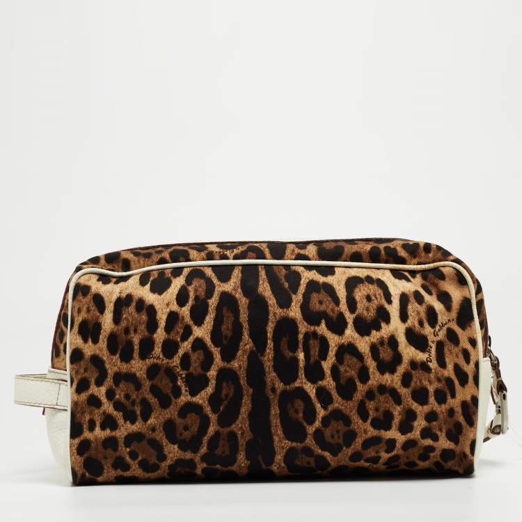 Pre Owned Dolce & Gabbana White/Brown Leopard Print Fabric and Leather Cosmetic Pouch