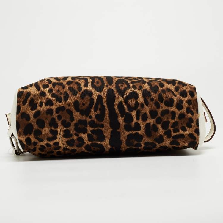 Pre Owned Dolce & Gabbana White/Brown Leopard Print Fabric and Leather Cosmetic Pouch