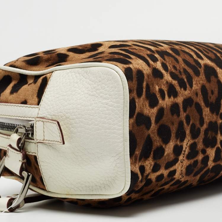 Pre Owned Dolce & Gabbana White/Brown Leopard Print Fabric and Leather Cosmetic Pouch