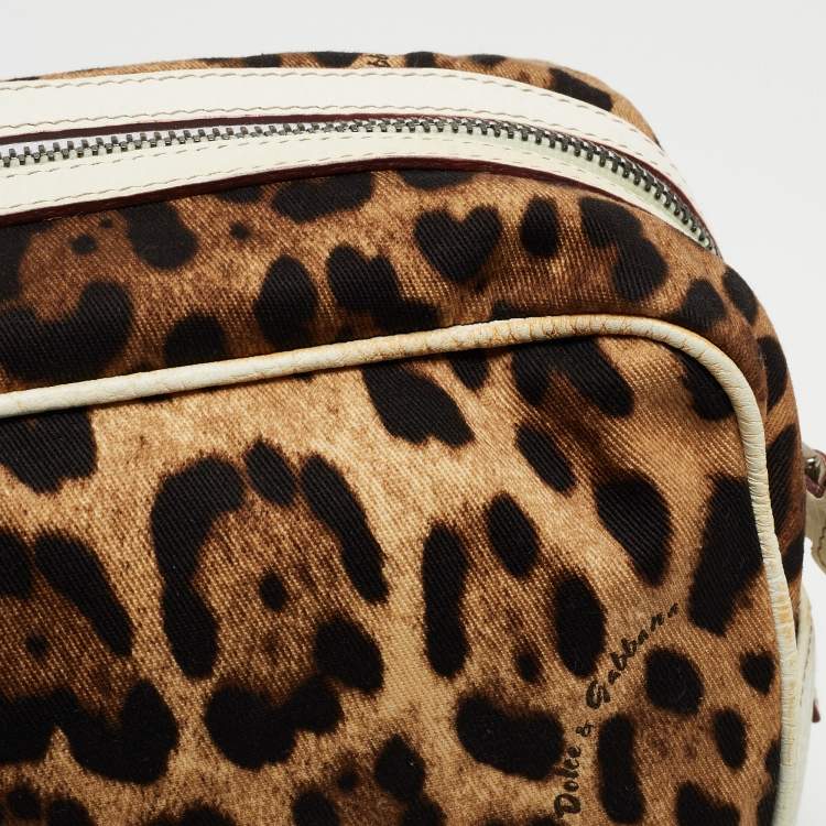 Pre Owned Dolce & Gabbana White/Brown Leopard Print Fabric and Leather Cosmetic Pouch