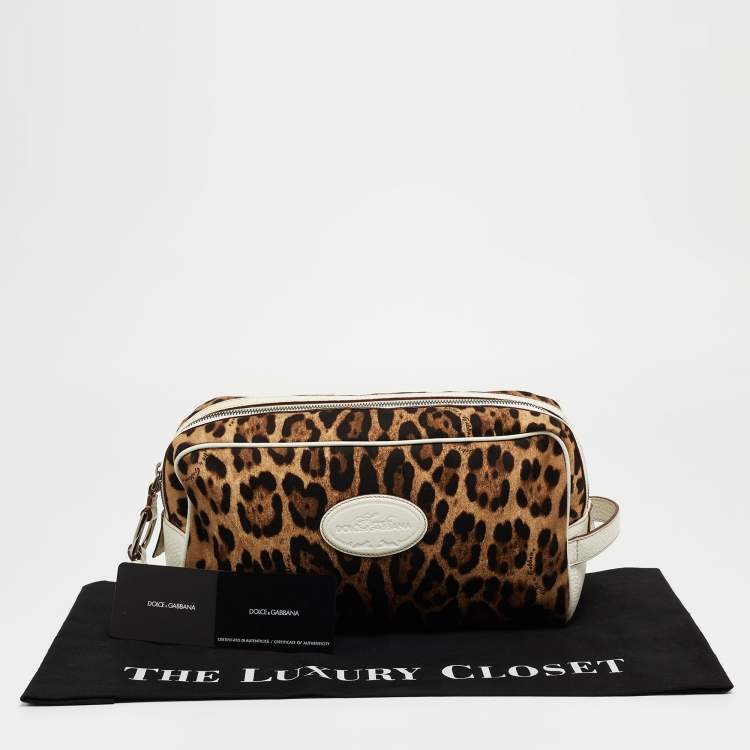 Pre Owned Dolce & Gabbana White/Brown Leopard Print Fabric and Leather Cosmetic Pouch