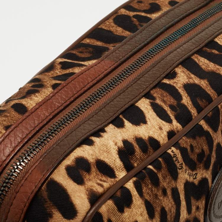 Pre Owned Dolce & Gabbana Brown Leopard Print Fabric and Leather Cosmetic Pouch