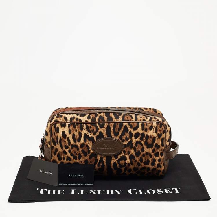 Pre Owned Dolce & Gabbana Brown Leopard Print Fabric and Leather Cosmetic Pouch
