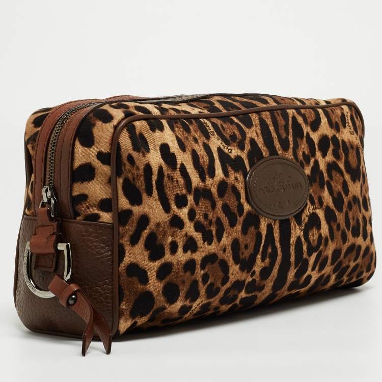 Pre Owned Dolce & Gabbana Brown Leopard Print Fabric and Leather Cosmetic Pouch