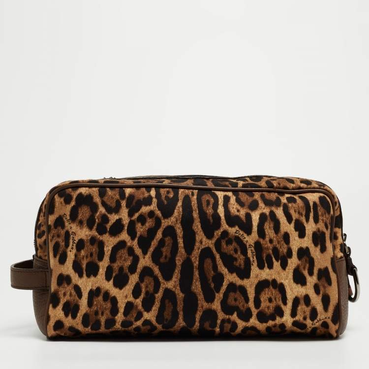 Pre Owned Dolce & Gabbana Brown Leopard Print Fabric and Leather Cosmetic Pouch