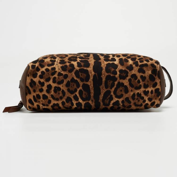 Pre Owned Dolce & Gabbana Brown Leopard Print Fabric and Leather Cosmetic Pouch