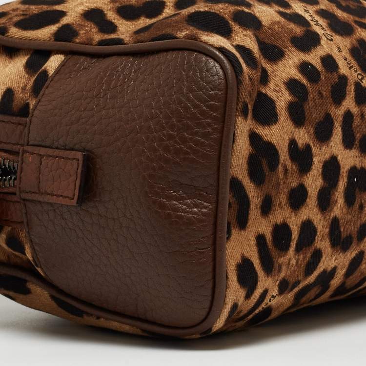 Pre Owned Dolce & Gabbana Brown Leopard Print Fabric and Leather Cosmetic Pouch