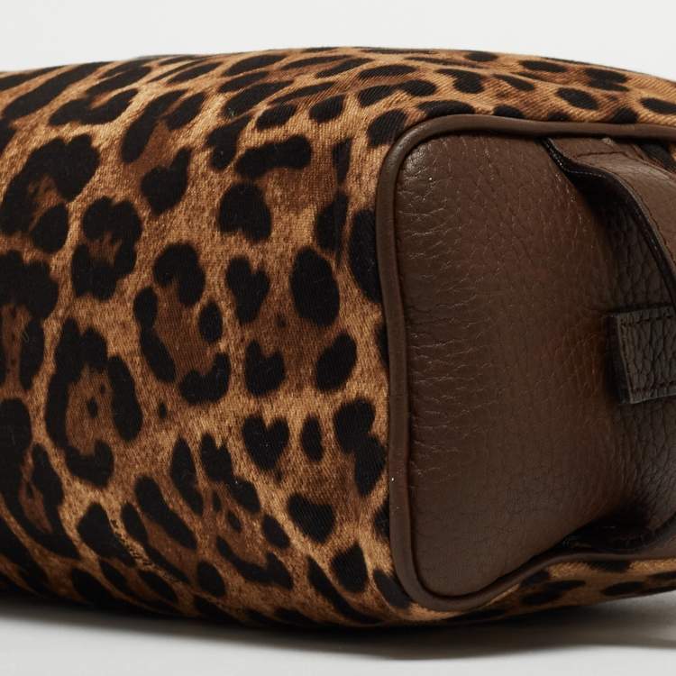 Pre Owned Dolce & Gabbana Brown Leopard Print Fabric and Leather Cosmetic Pouch