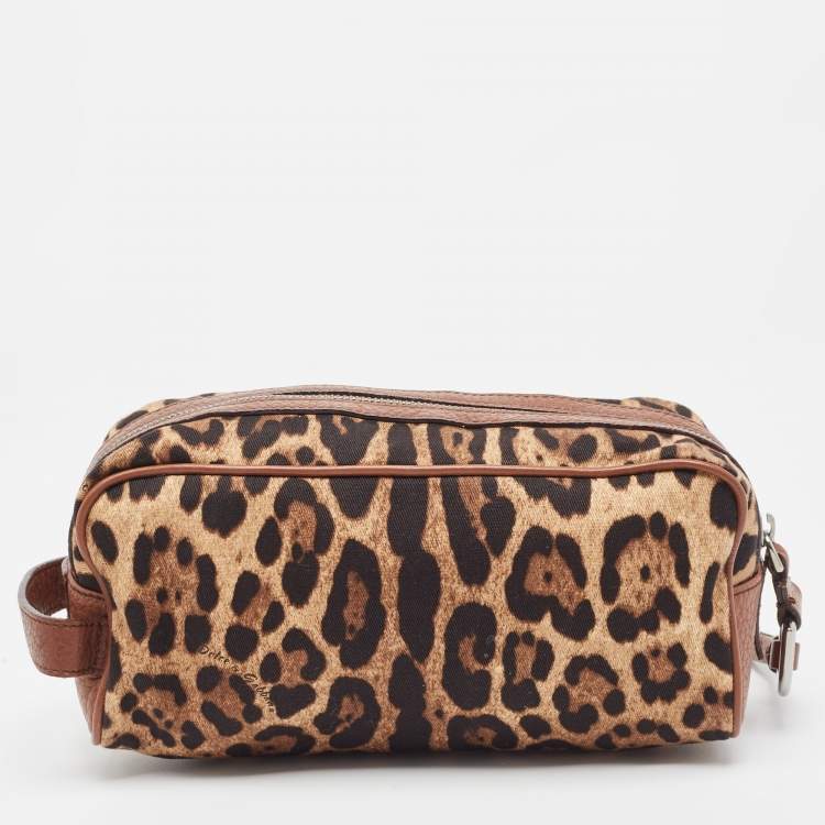 Pre Owned Dolce & Gabbana Brown Leopard Print Fabric and Leather Cosmetic Pouch