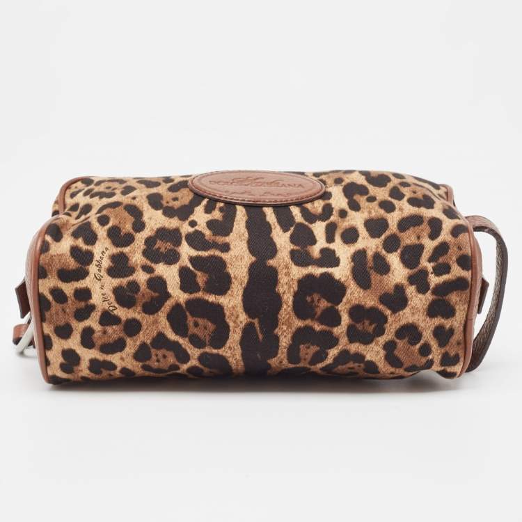 Pre Owned Dolce & Gabbana Brown Leopard Print Fabric and Leather Cosmetic Pouch