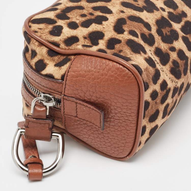 Pre Owned Dolce & Gabbana Brown Leopard Print Fabric and Leather Cosmetic Pouch
