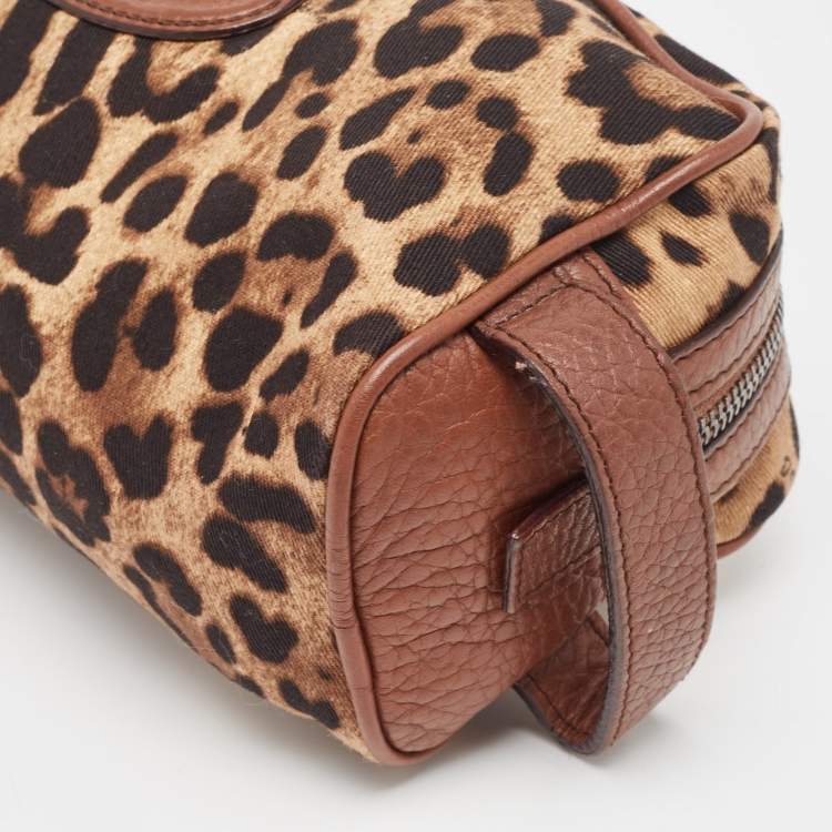 Pre Owned Dolce & Gabbana Brown Leopard Print Fabric and Leather Cosmetic Pouch