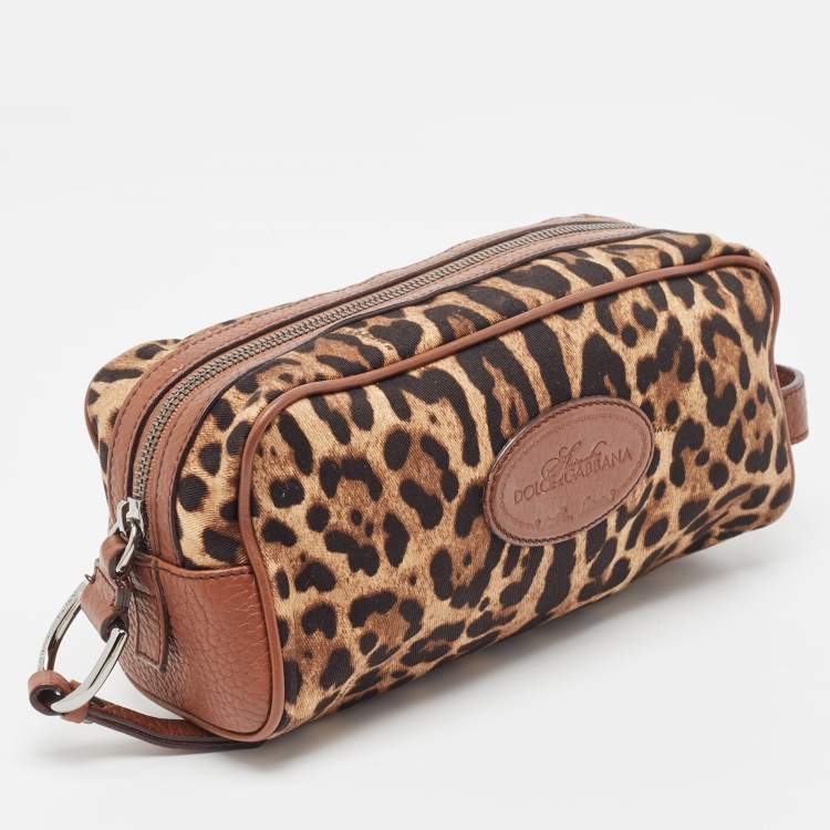 Pre Owned Dolce & Gabbana Brown Leopard Print Fabric and Leather Cosmetic Pouch