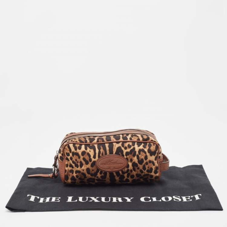 Pre Owned Dolce & Gabbana Brown Leopard Print Fabric and Leather Cosmetic Pouch