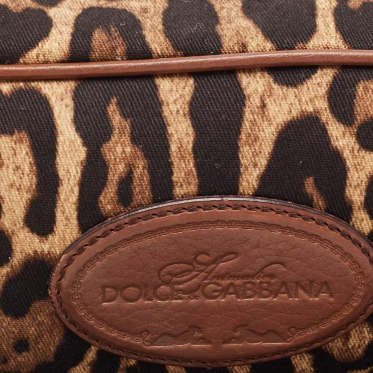 Pre Owned Dolce & Gabbana Brown Leopard Print Fabric and Leather Cosmetic Pouch