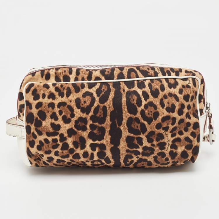 Pre Owned Dolce & Gabbana White/Brown Leopard Print Fabric and Leather Cosmetic Pouch