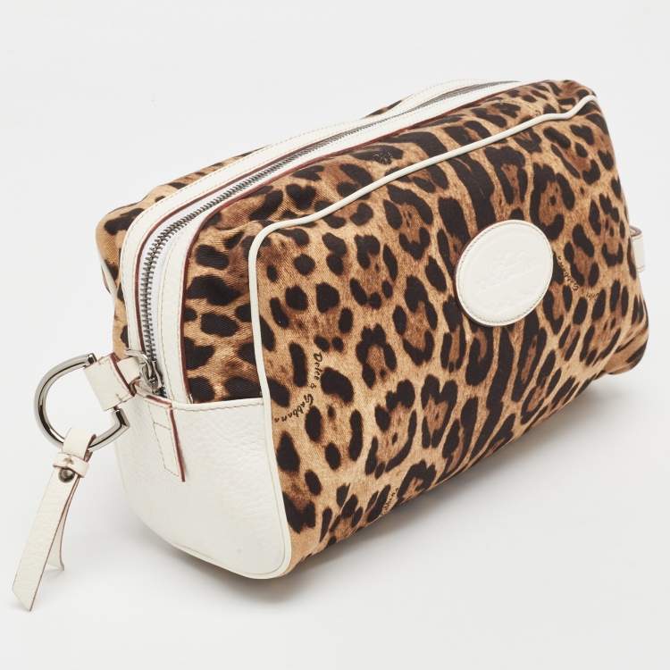 Pre Owned Dolce & Gabbana White/Brown Leopard Print Fabric and Leather Cosmetic Pouch