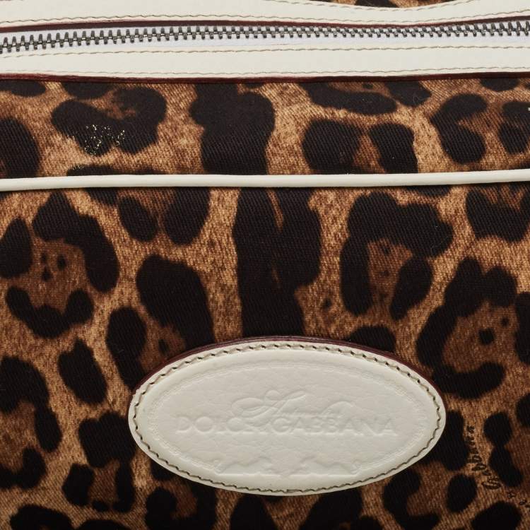 Pre Owned Dolce & Gabbana White/Brown Leopard Print Fabric and Leather Cosmetic Pouch