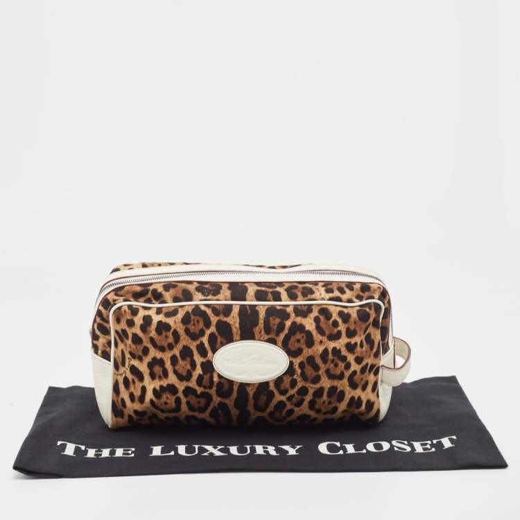 Pre Owned Dolce & Gabbana White/Brown Leopard Print Fabric and Leather Cosmetic Pouch