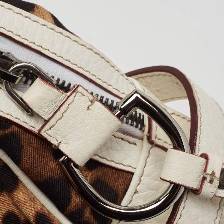 Pre Owned Dolce & Gabbana White/Brown Leopard Print Fabric and Leather Cosmetic Pouch