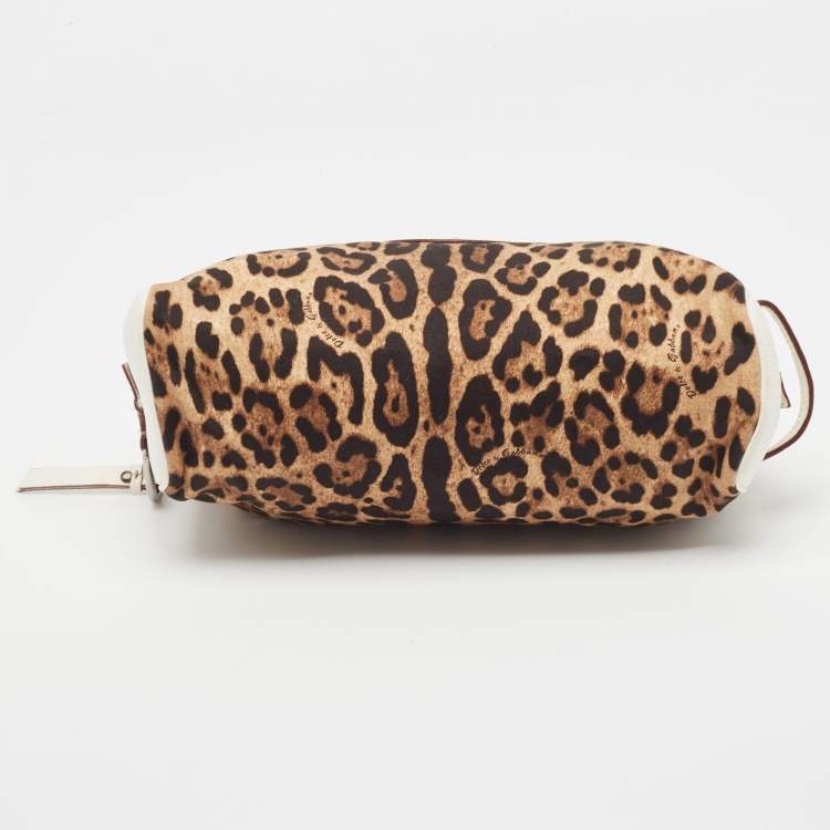 Pre Owned Dolce & Gabbana White/Brown Leopard Print Fabric and Leather Cosmetic Pouch
