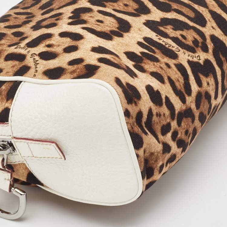 Pre Owned Dolce & Gabbana White/Brown Leopard Print Fabric and Leather Cosmetic Pouch