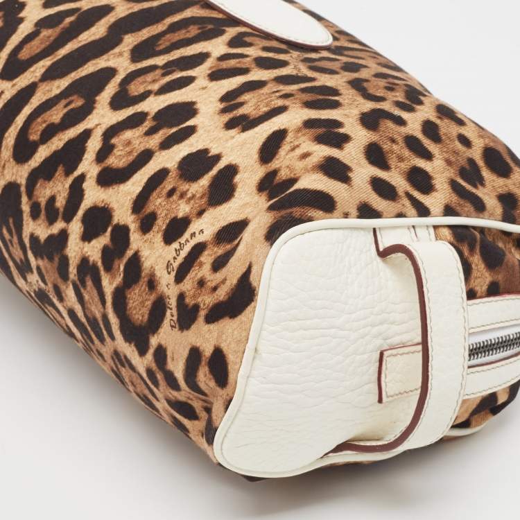 Pre Owned Dolce & Gabbana White/Brown Leopard Print Fabric and Leather Cosmetic Pouch