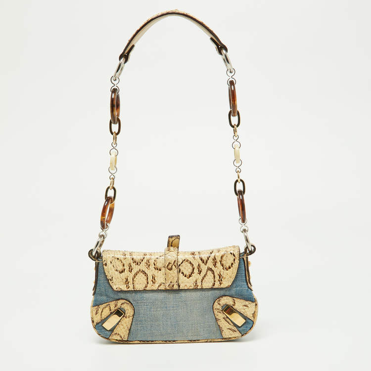 Pre Owned Dolce & Gabbana Cream/Blue Denim and Watersnake Leather Ring Buckle Flap Baguette Bag