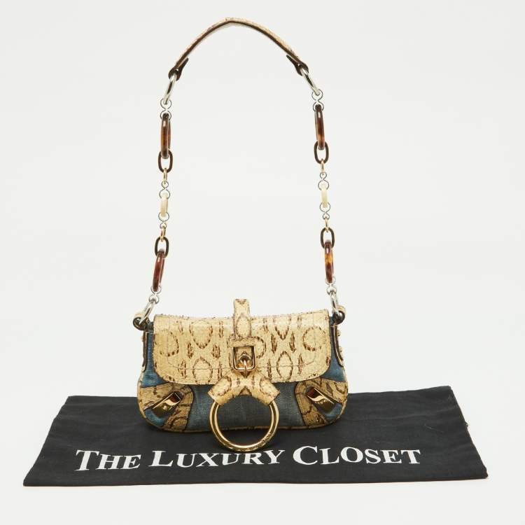 Pre Owned Dolce & Gabbana Cream/Blue Denim and Watersnake Leather Ring Buckle Flap Baguette Bag