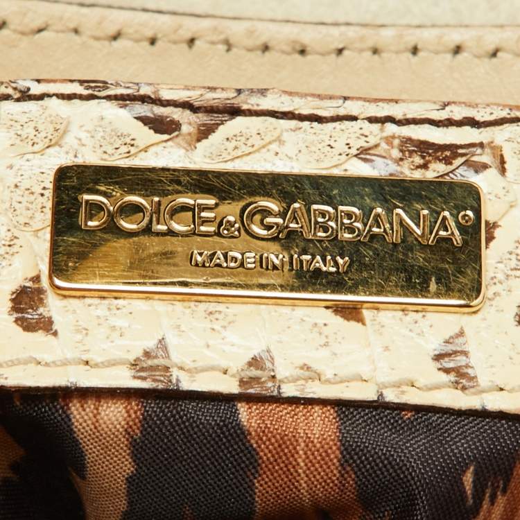 Pre Owned Dolce & Gabbana Cream/Blue Denim and Watersnake Leather Ring Buckle Flap Baguette Bag