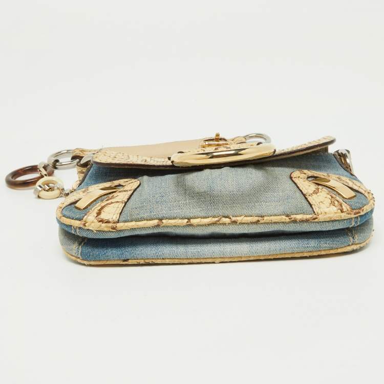 Pre Owned Dolce & Gabbana Cream/Blue Denim and Watersnake Leather Ring Buckle Flap Baguette Bag
