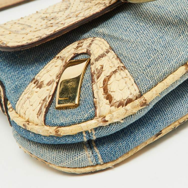 Pre Owned Dolce & Gabbana Cream/Blue Denim and Watersnake Leather Ring Buckle Flap Baguette Bag