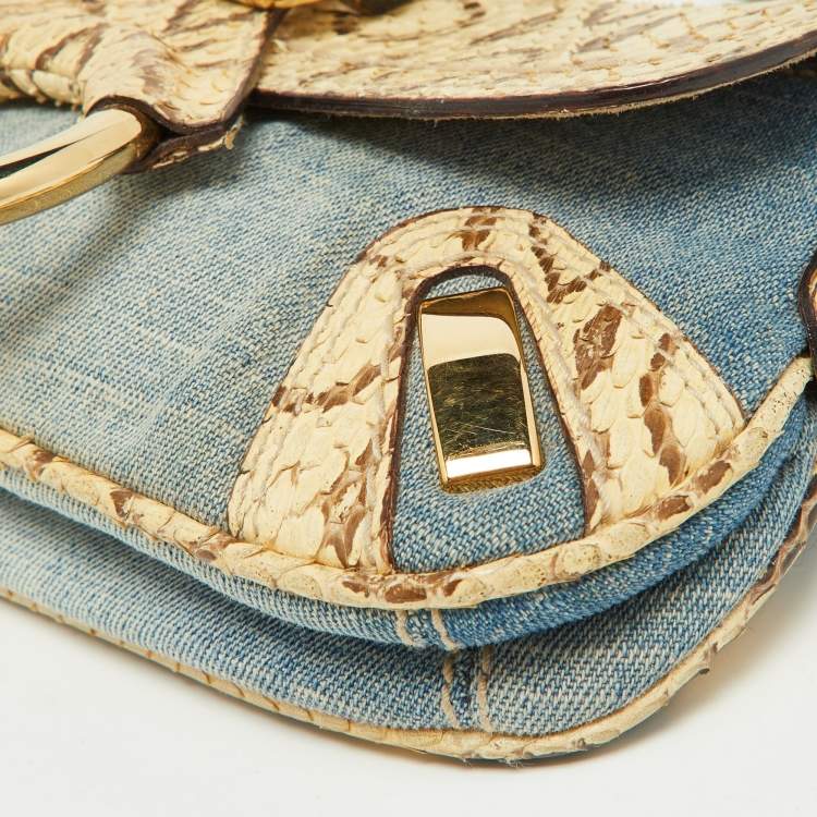 Pre Owned Dolce & Gabbana Cream/Blue Denim and Watersnake Leather Ring Buckle Flap Baguette Bag
