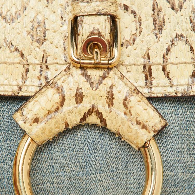 Pre Owned Dolce & Gabbana Cream/Blue Denim and Watersnake Leather Ring Buckle Flap Baguette Bag