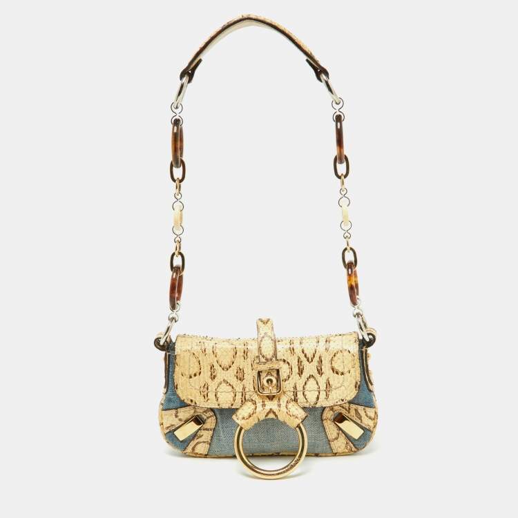 Pre Owned Dolce & Gabbana Cream/Blue Denim and Watersnake Leather Ring Buckle Flap Baguette Bag