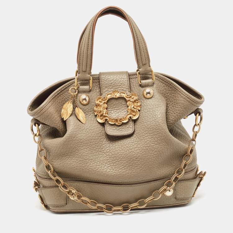 Pre Owned Dolce & Gabbana Grey Leather Embellished Flap Tote