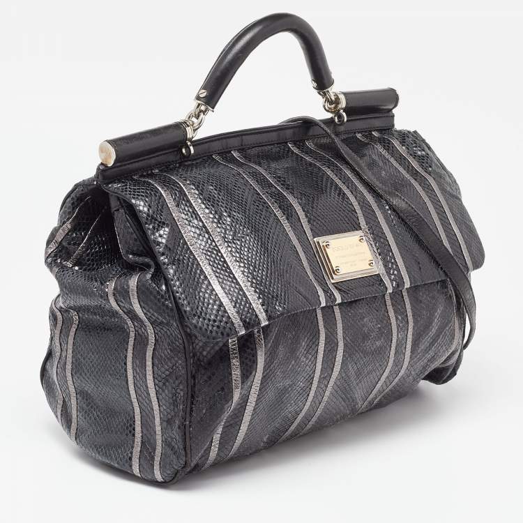 Pre Owned Dolce & Gabbana Black Snakeskin and Leather XL Miss Sicily Top Handle Bag