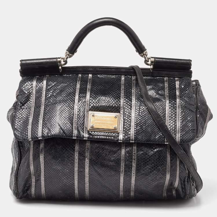 Pre Owned Dolce & Gabbana Black Snakeskin and Leather XL Miss Sicily Top Handle Bag