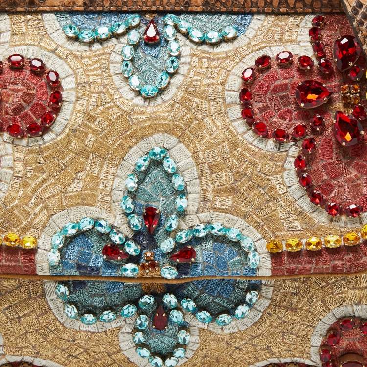 Pre Owned Dolce & Gabbana Multicolor Embroidered Fabric and Python Medium Miss Sicily Top Handle Bag