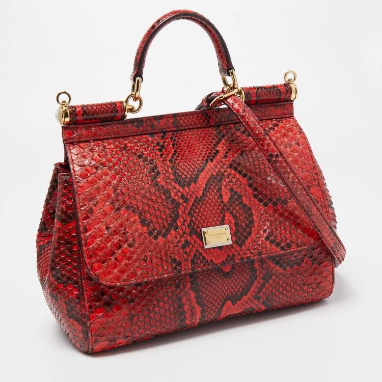 Pre Owned Dolce and Gabbana Red/Black Python Medium Miss Sicily Top Handle Bag