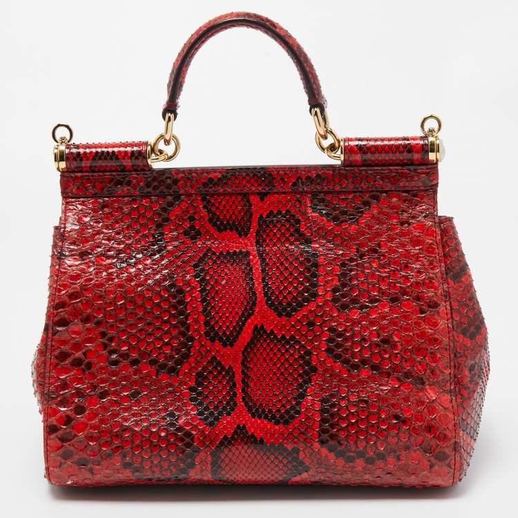 Pre Owned Dolce and Gabbana Red/Black Python Medium Miss Sicily Top Handle Bag