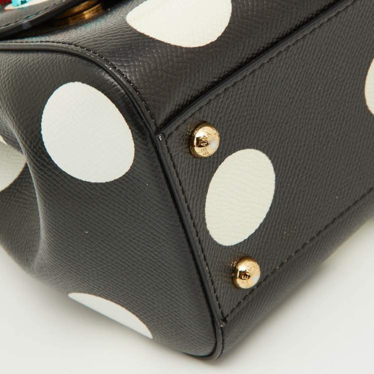 Pre Owned Dolce & Gabbana Black/White Polka Dot Leather Medium Crystal Embellished Miss Sicily Top Handle Bag