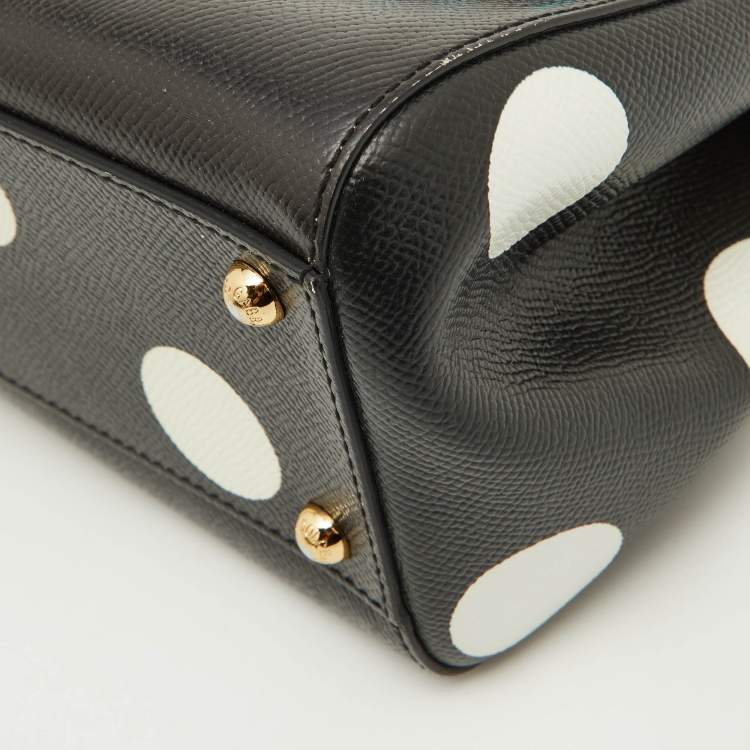Pre Owned Dolce & Gabbana Black/White Polka Dot Leather Medium Crystal Embellished Miss Sicily Top Handle Bag