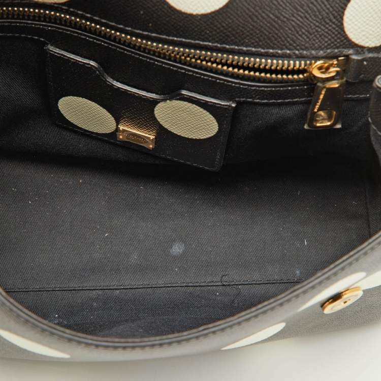 Pre Owned Dolce & Gabbana Black/White Polka Dot Leather Medium Crystal Embellished Miss Sicily Top Handle Bag