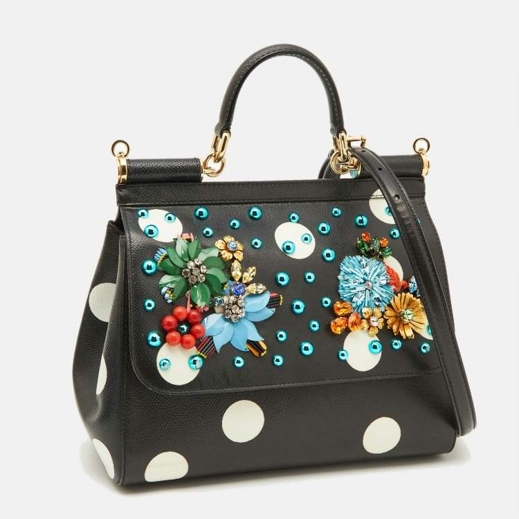 Pre Owned Dolce & Gabbana Black/White Polka Dot Leather Medium Crystal Embellished Miss Sicily Top Handle Bag